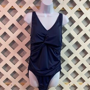 Denim & Co. Beach Twist V-Neck One Piece Swimsuit with Ruching Navy Regular 12